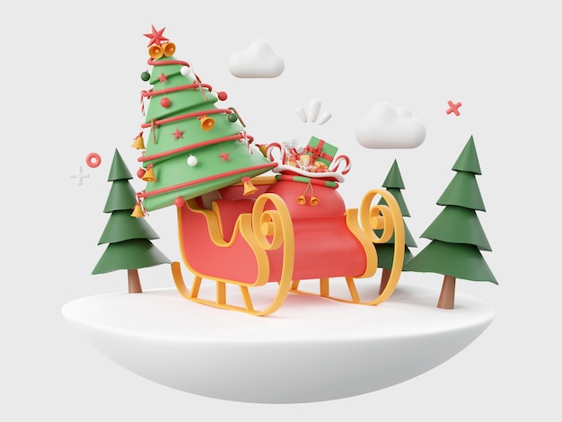 PSD sleigh z choinką elementy motywu bożego narodzenia ilustracji 3d