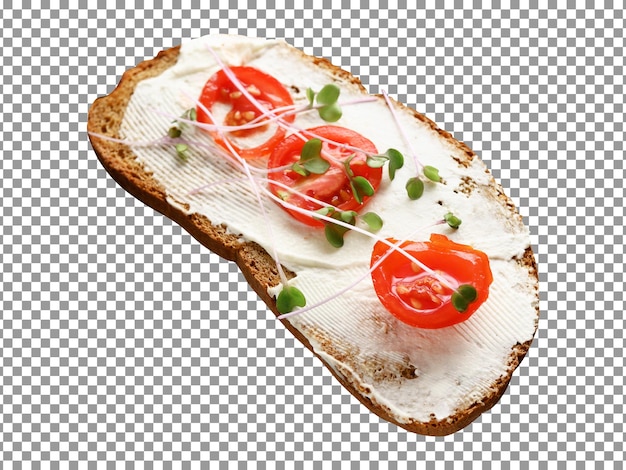 PSD slice of bread with tomatoes and cheese on transparent background