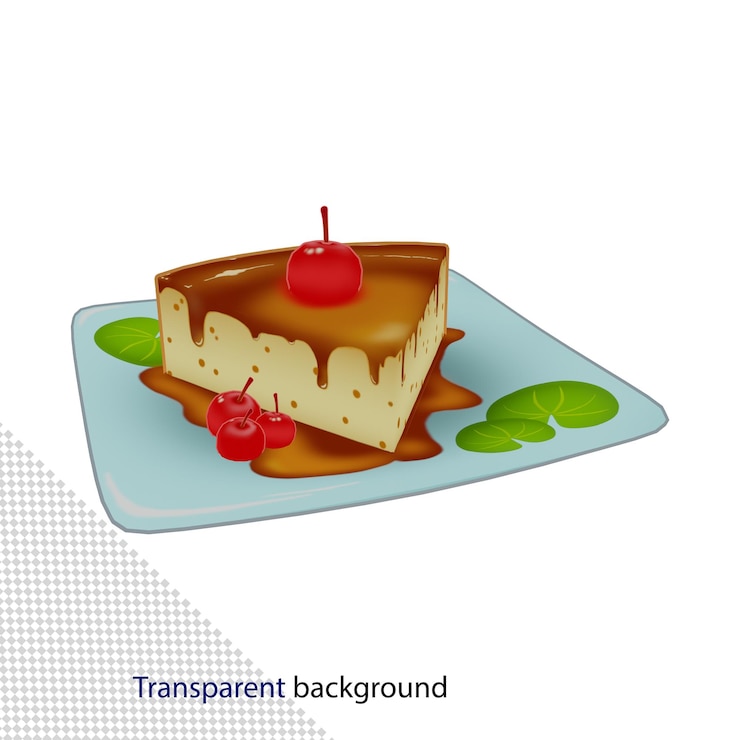 PSD slice of cake with cherry on plate high quality 3d render