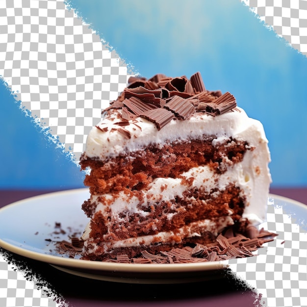 a slice of cake with chocolate frosting on a plate.