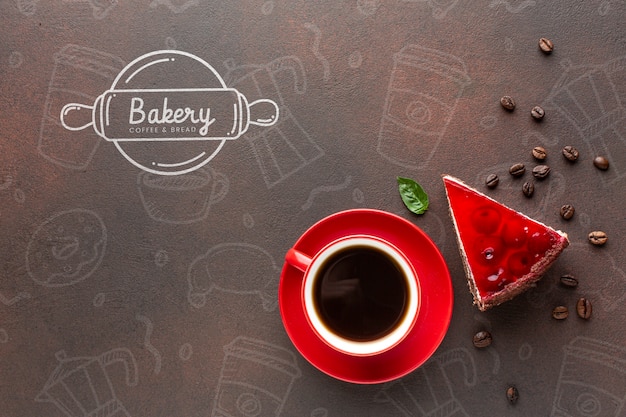 PSD slice of cake with coffee and mock-up