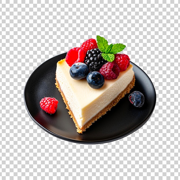 A slice of cheesecake with berries on a plate on a transparent background