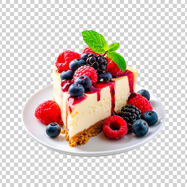 PSD a slice of cheesecake with berries on a plate on a transparent background