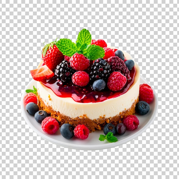 A slice of cheesecake with berries on a plate on a transparent background