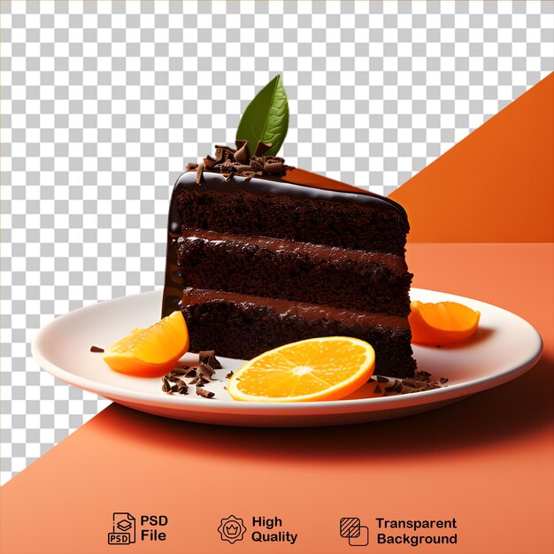 Slice of chocolate cake with orange fruit on a plate isolated on transparent background include png