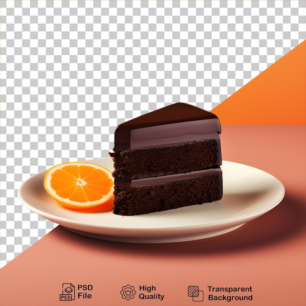 Slice of chocolate cake with orange fruit on a plate isolated on transparent background include png