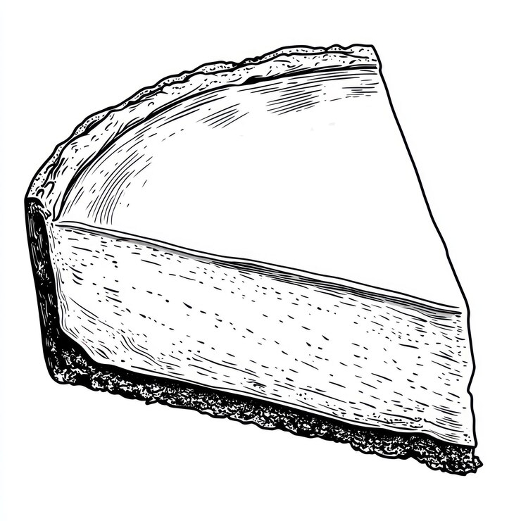PSD a slice of creamy cheesecake with a graham cracker crust illustrated in black and white