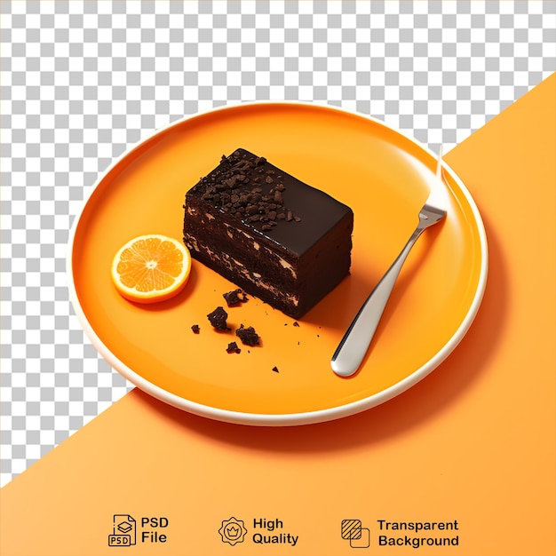 PSD 투명한 배경에 고립 된 접시에 오렌지 과일과 함께 초콜릿 케이크 조각을 포함 png
