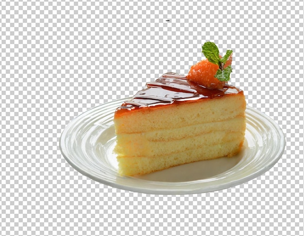 Slice of orange cake with cream and caramel sauce isolated on transparent background