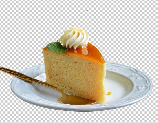 Slice of orange cake with cream and caramel sauce isolated on transparent background