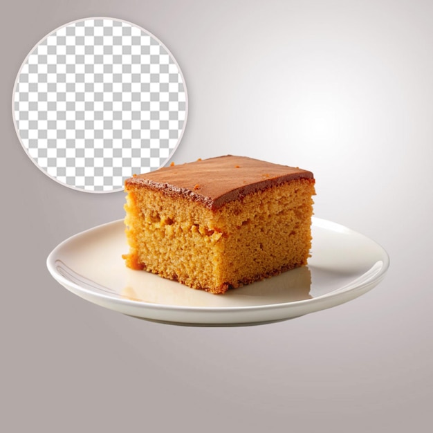 PSD slice of orange cake with cream and caramel sauce isolated on transparent background