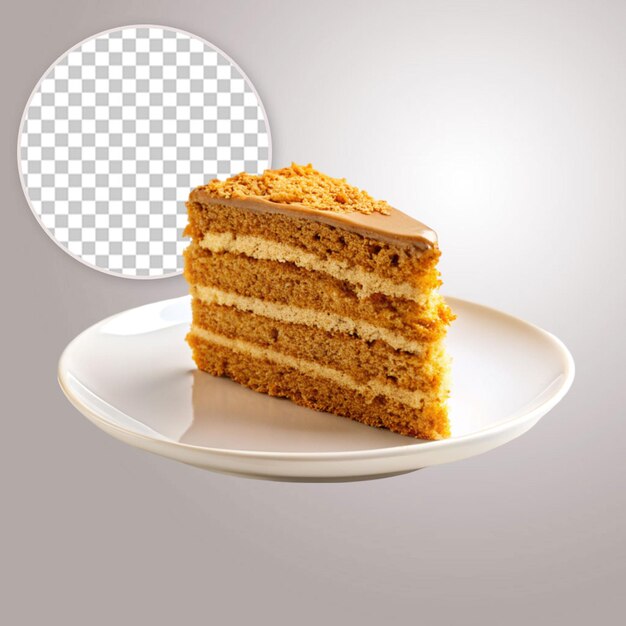 PSD slice of orange cake with cream and caramel sauce isolated on transparent background