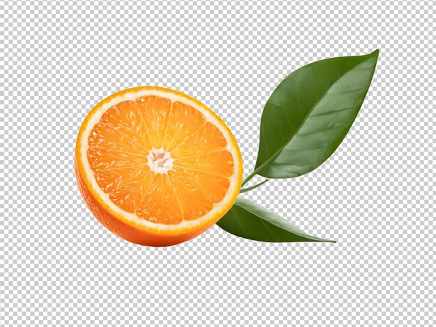 Slice of orange with leaf on transparent background