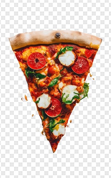 A slice of pizza with tomatoes and basil on it