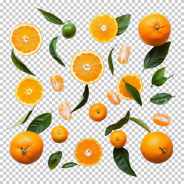 PSD Нарезка созревшего апельсина альфа-слой мандарина фрукты апельсин брызги изолированы на прозрачном фоне