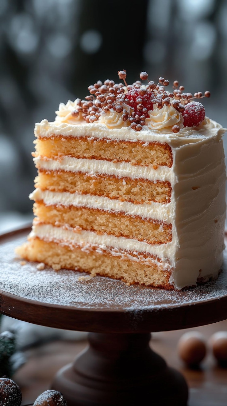 PSD a slice of vanilla cake with white frosting and red berries on a wooden cake stand