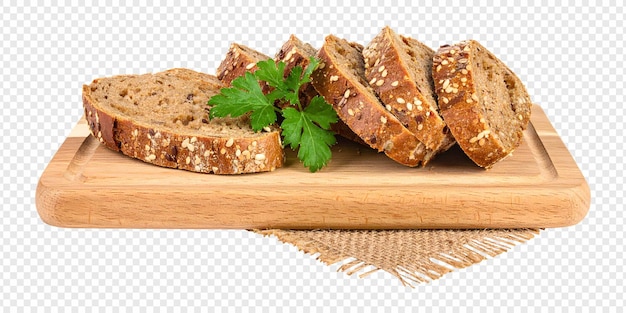 sliced bread on a wooden board with parsley
