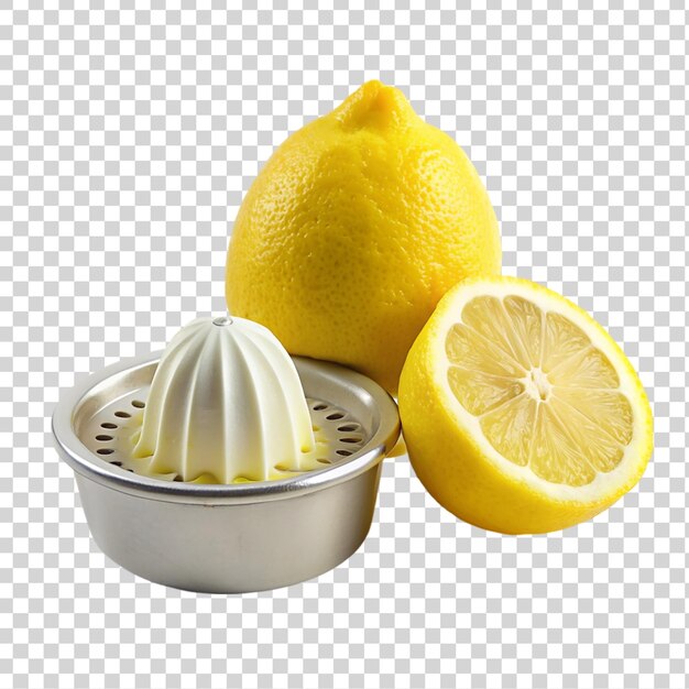 Sliced lemon and juicer isolated on a transparent background