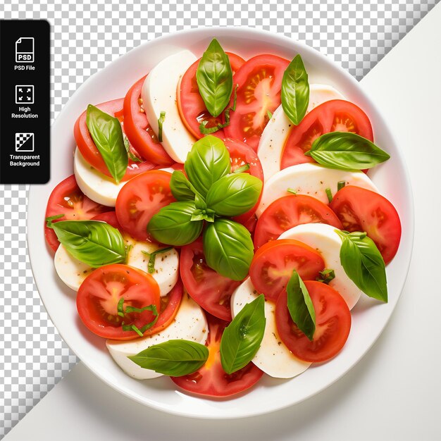 Sliced mozzarella cheese and tomatoes on a white plate isolated on a transparent background