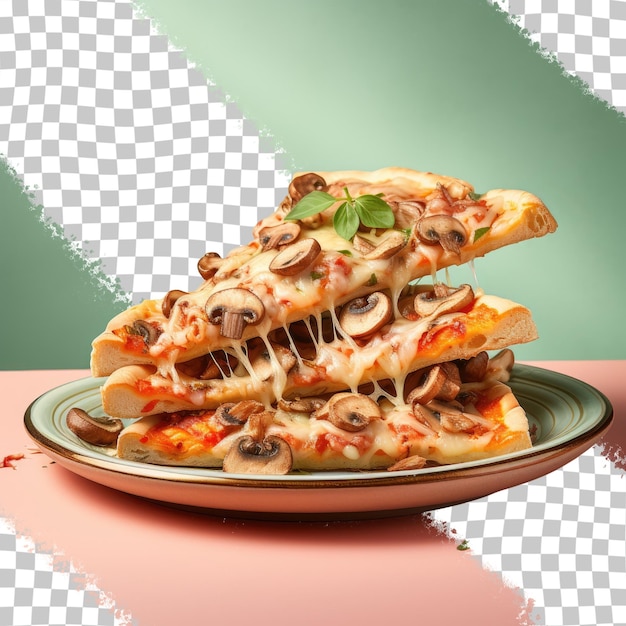PSD pizza ai funghi affettata servita su uno sfondo trasparente piatto nero