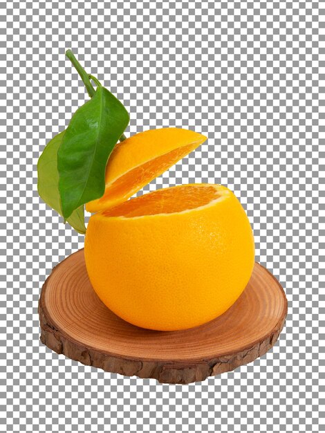 Sliced navel orange on a wood piece with transparent background