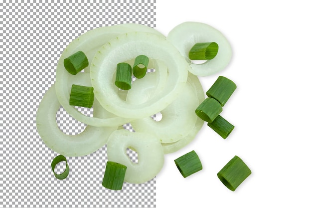 Sliced onion rings and scattered chaotically chopped green onion isolated on transparent background