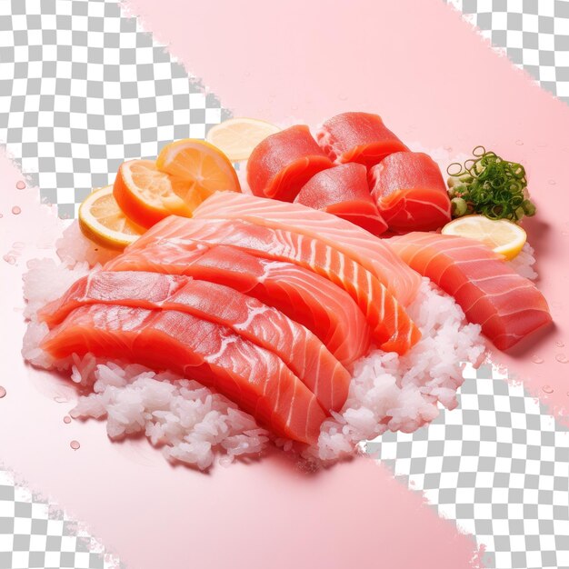 PSD sliced raw fish on top of rice transparent background