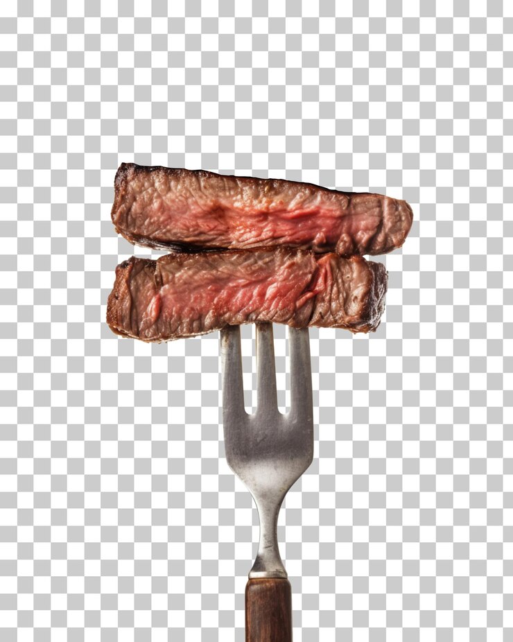 PSD slices of beef steak on a fork isolated on transparent background png psd