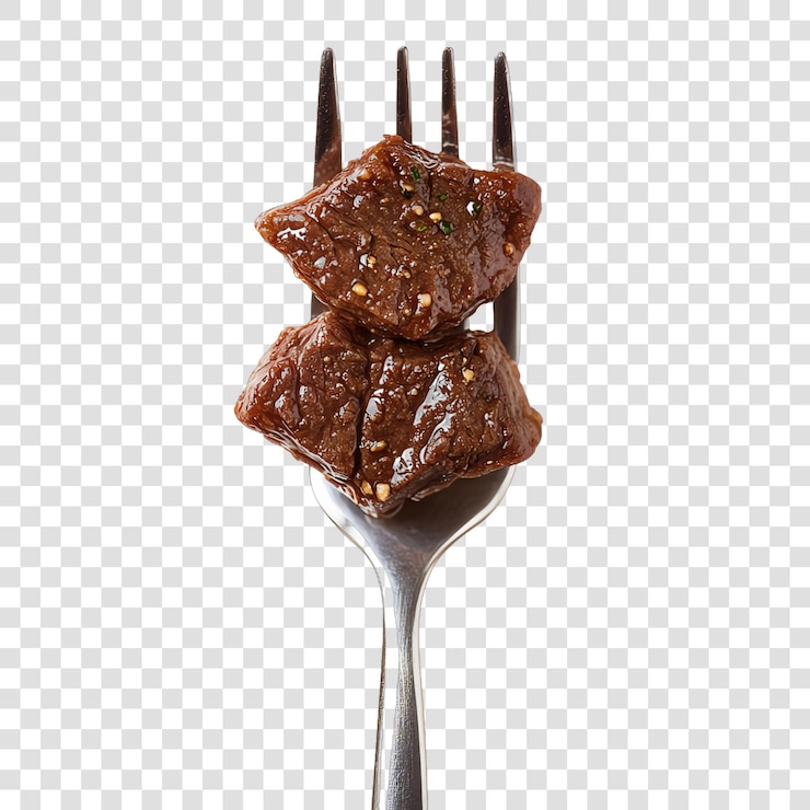 PSD 在透明的背景上隔離的叉子上的牛肉牛排片