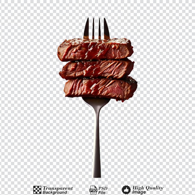 Slices of beef steak on a fork isolated on transparent background