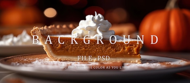 PSD slices of delicious homemade pumpkin pie with on the table on a dark background