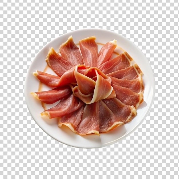 PSD slices of ham on a plate isolated on a transparent background