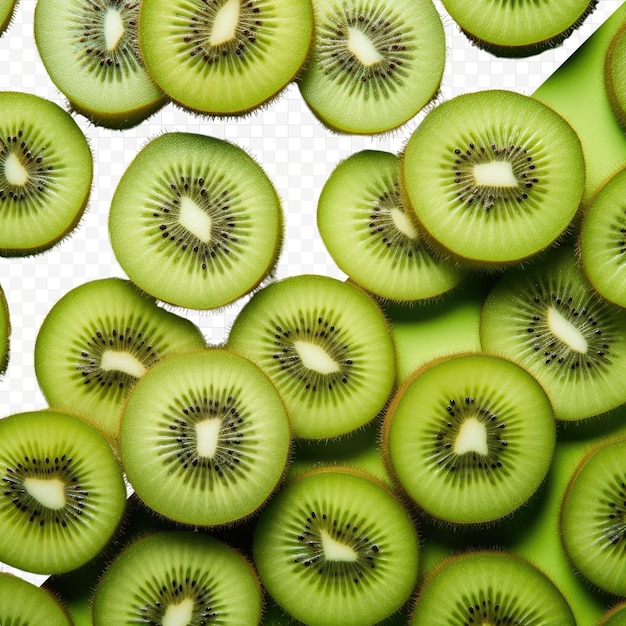 Slices of kiwi fruit on transparent background overhead texture