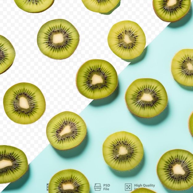 Slices of kiwi fruit on transparent background overhead texture