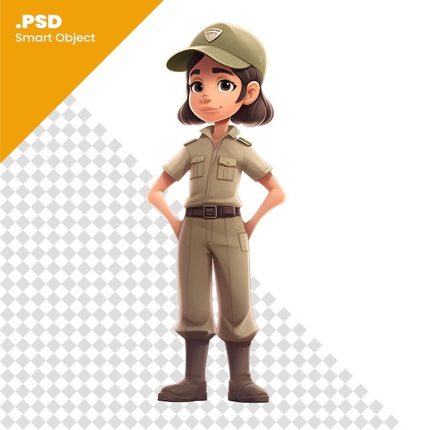 PSD Śliczna dziewczyna w mundurze wojskowym na białym tle szablon psd renderowania 3d