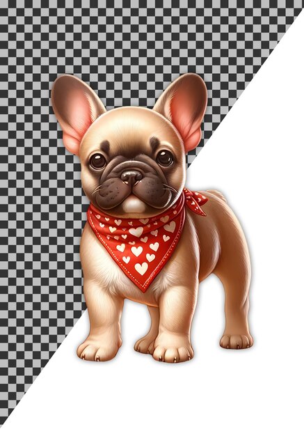 PSD Śliczny buldog francuski dzieci książka ilustracja clipart na sobie czerwoną bandanę z białymi sercami