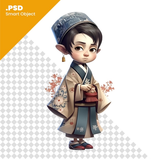 PSD Śliczny chłopiec kimono z płatkami śniegu na białym tle szablon psd