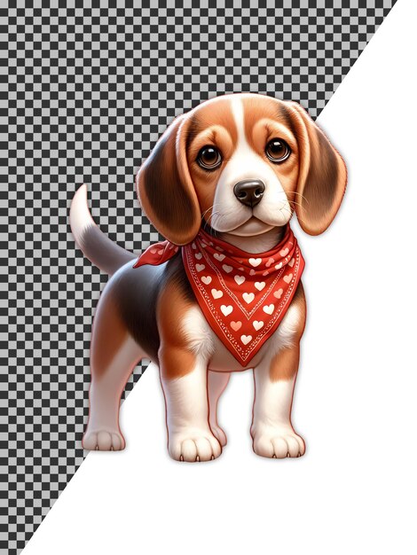 PSD Śliczny pies beagle dzieci książka ilustracja clipart ubrany w czerwoną bandanę z białymi sercami