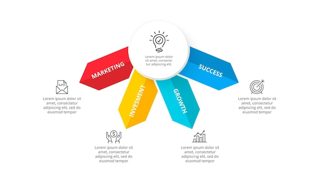 Slide with four arrows and white circle concept of business process with 4 options flat illustration for data visualization and analysis modern infographic design template