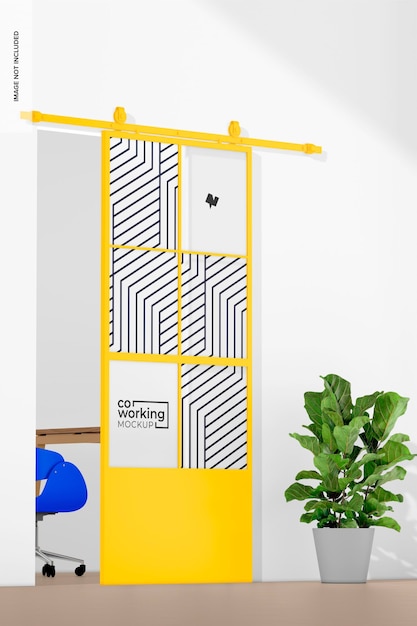 Sliding coworking door mockup opened