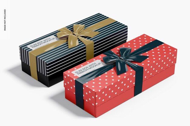 PSD slim boxes with ribbon mockup, perspective