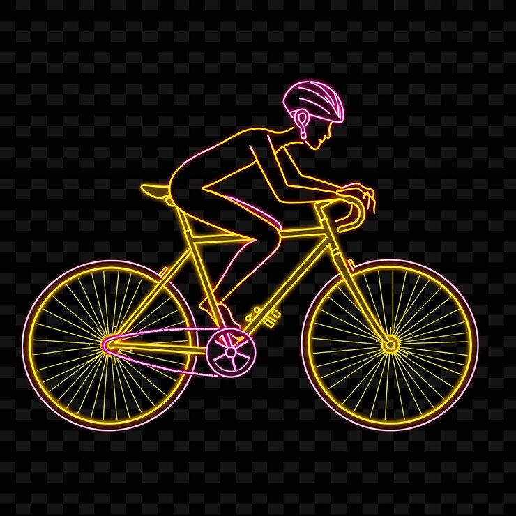 PSD slim cyclist with helmet neon wireframe art design with bright yellow and pink mixed color decorated