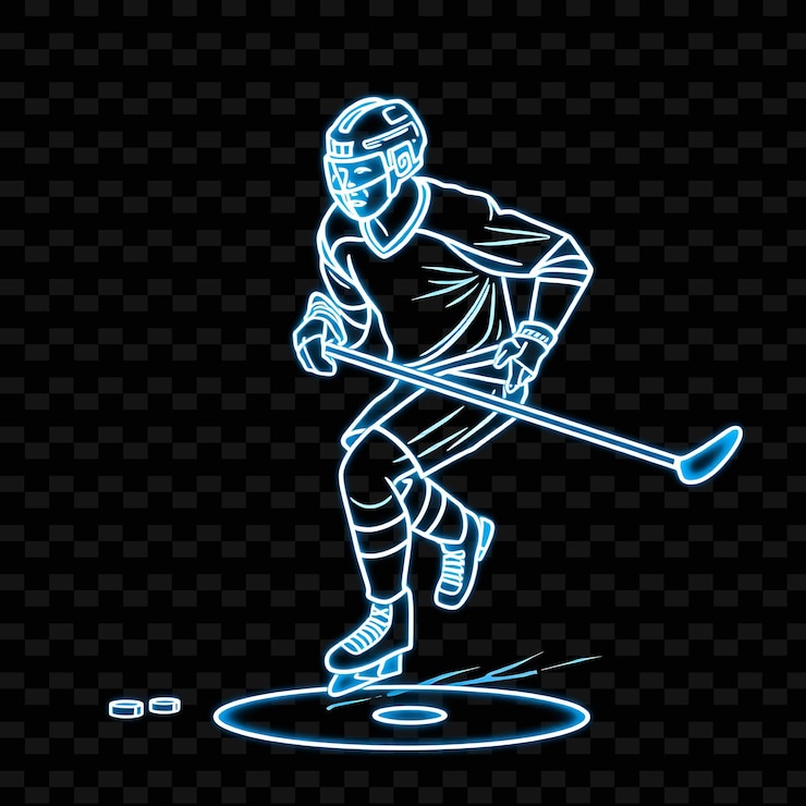 PSD slim hockey player with stick neon ice art design with cool blue and white mixed color decorated wit