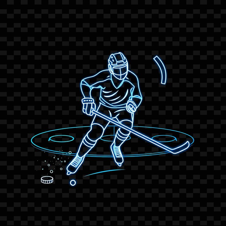 PSD slim hockey player with stick neon ice art design with cool blue and white mixed color decorated wit