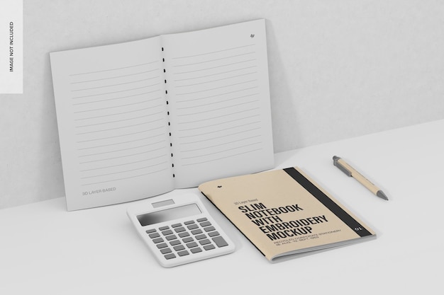 PSD slim notebooks with embroidery mockup, opened and closed