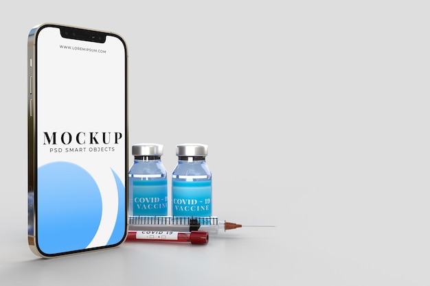 Slimme telefoon met medische hulpmiddelen en covid19 vaccins banner mockup-sjabloon voor ziekenhuiskliniek