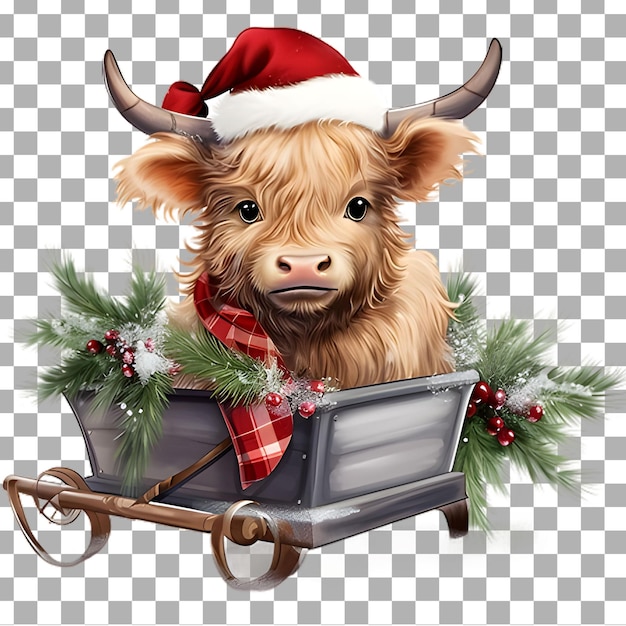 PSD słodka górska krowa z bożonarodzeniowym kapeluszem świętego mikołaja