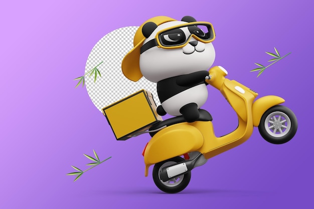 Słodka Panda jedzie na motocyklu z dostawą pandy renderowania 3d