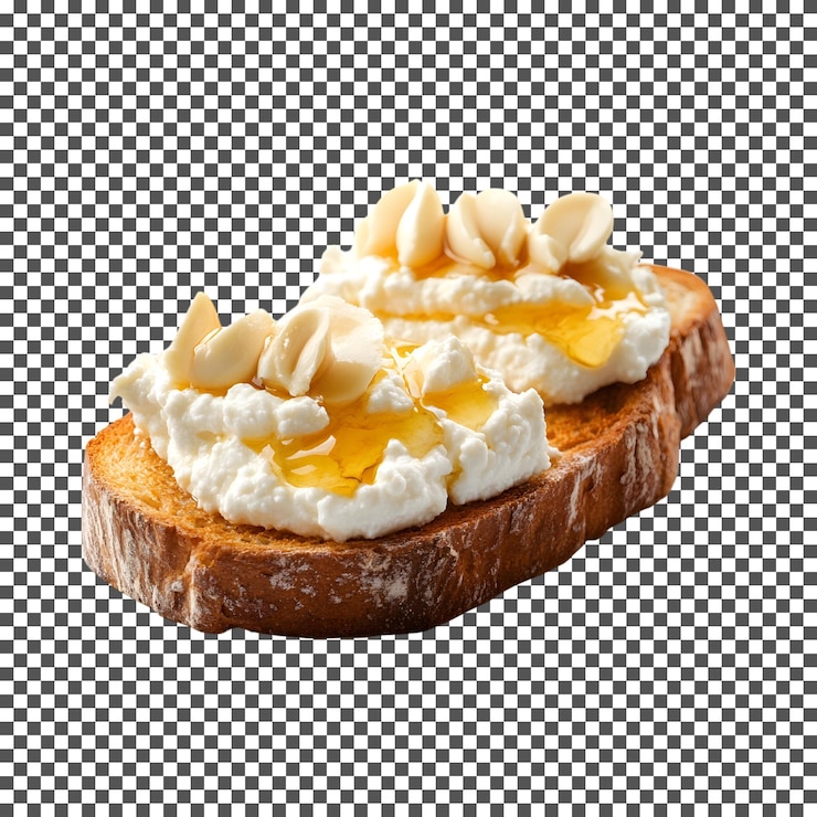 PSD słodka ricotta i miodowy toast izolowany na przezroczystym tle