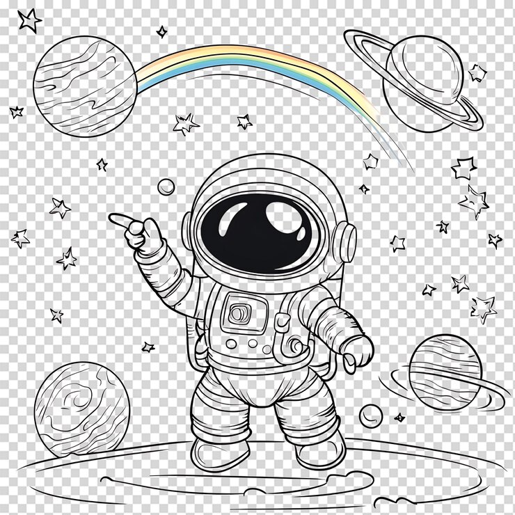 PSD słodki astronauta w kosmosie z planetami i tęczą